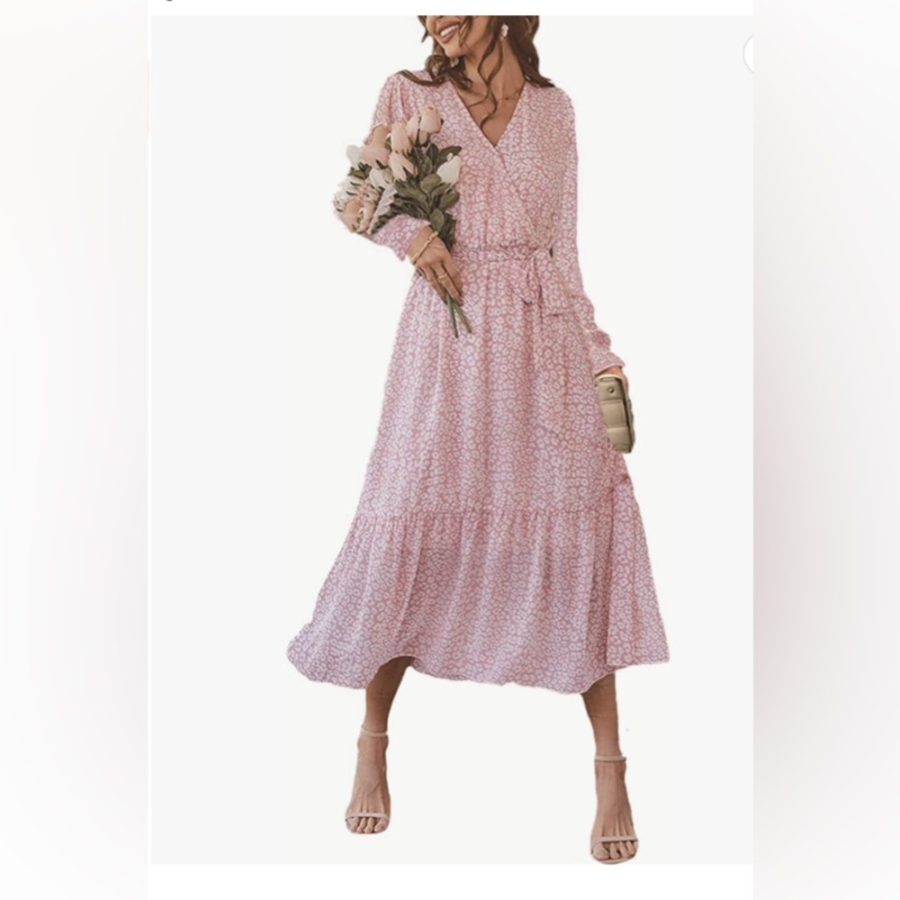 Pink Long Sleeve Floral Chiffon Maxi Dress NWOT